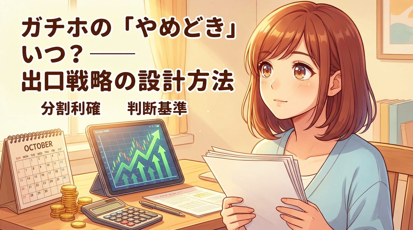 ガチホのやめどきはいつか出口戦略の設計方法について分割利確と判断基準を示す記事のアイキャッチ画像で10月のカレンダーと株価チャートを表示したタブレット端末と電卓とコインと書類を持つ女性