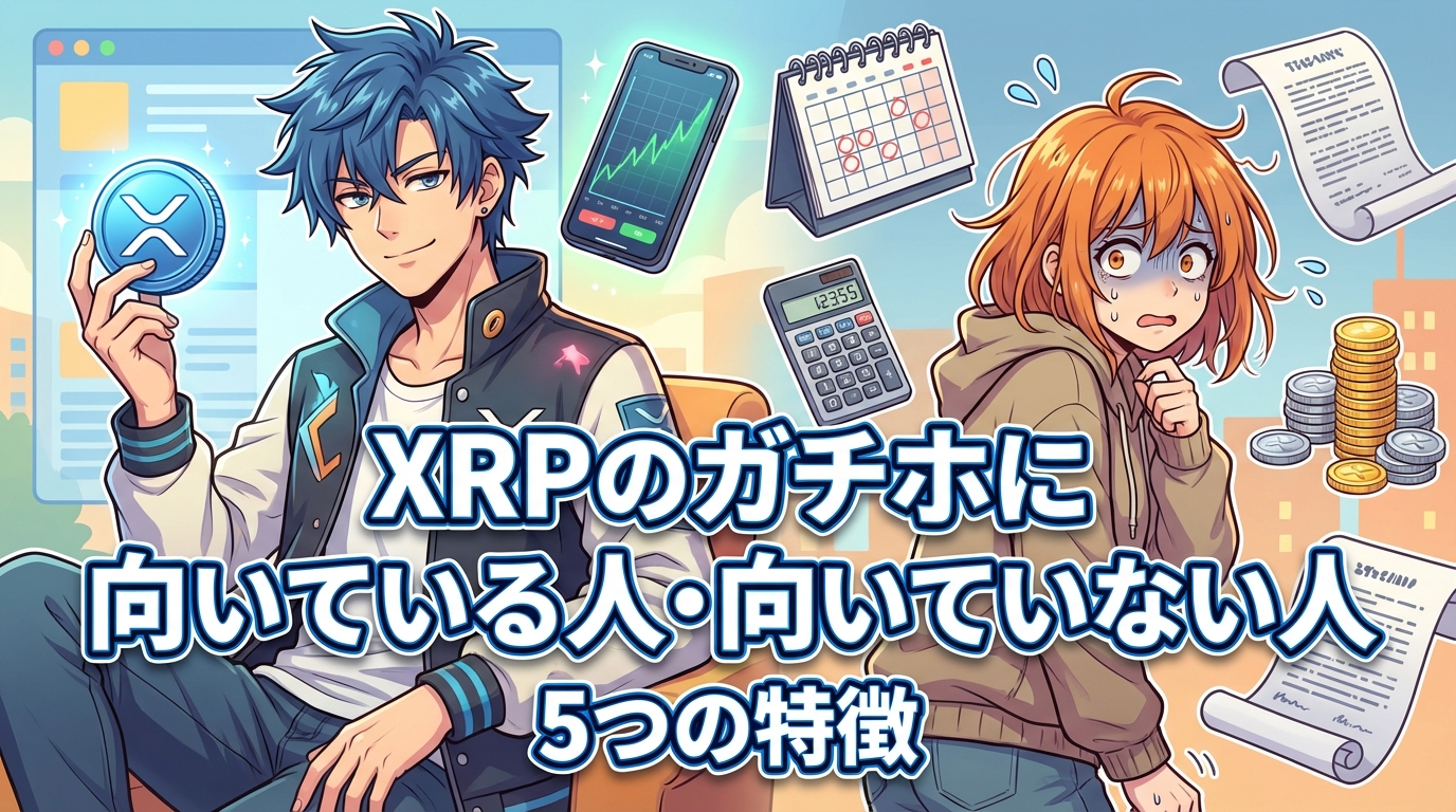XRPの値動きに向いている人と向いていない人の5つの特徴を説明する記事の見出し画像で、左側に仮想通貨の印を持つ青髪の男性と右側に困った表情のオレンジ髪の女性が描かれ、周囲にスマートフォンの値動きグラフ、予定表、電卓、書類、コインが配置されている