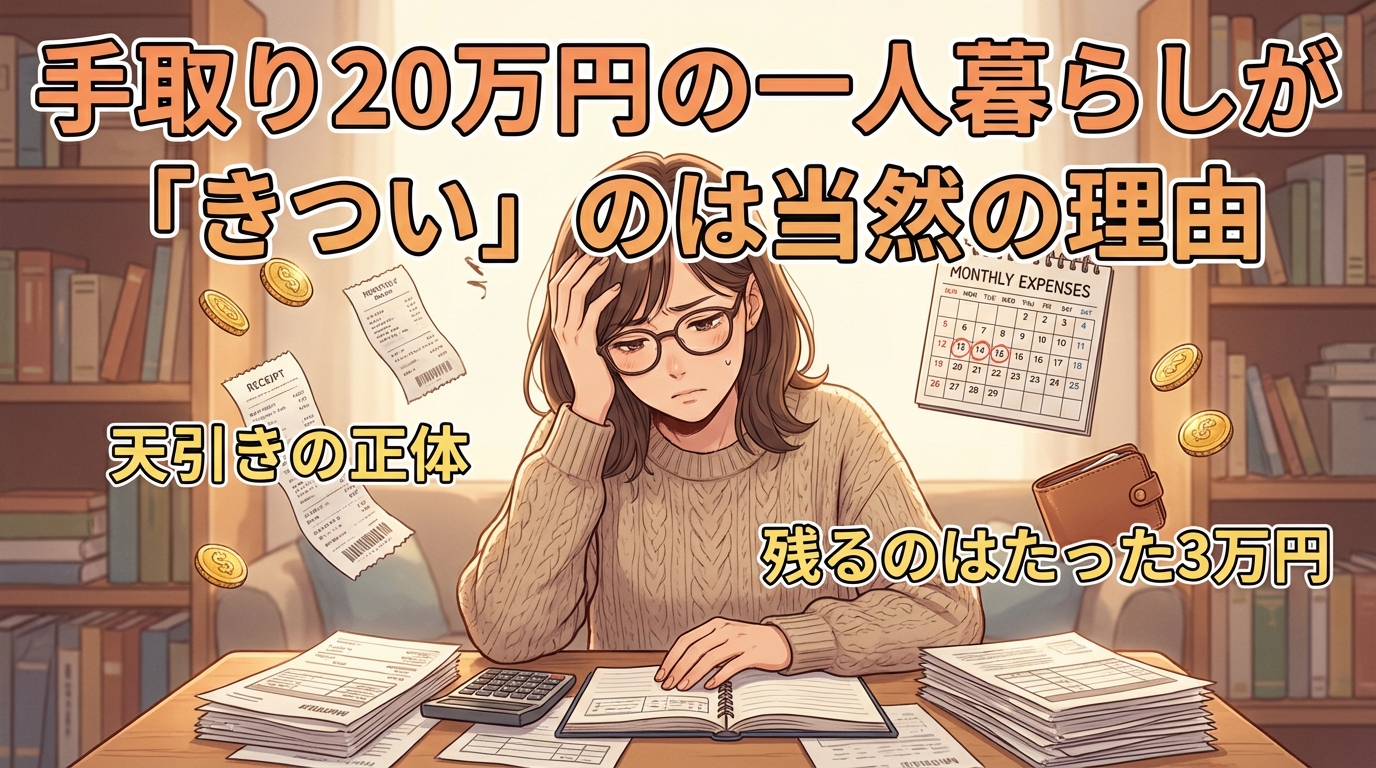 手取り20万円で一人暮らしがきついと感じる理由と実際に残る3万円について家計簿と領収書を見ながら悩む眼鏡をかけた女性のイラスト