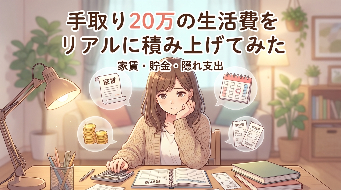 手取り20万円の生活費を家計簿とお金と領収書を見ながら電卓で計算している女性の様子