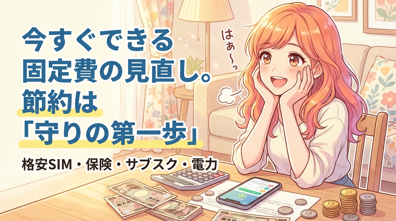 固定費の見直しと節約を提案する笑顔の女性とテーブル上の電卓や現金と携帯電話のイラスト