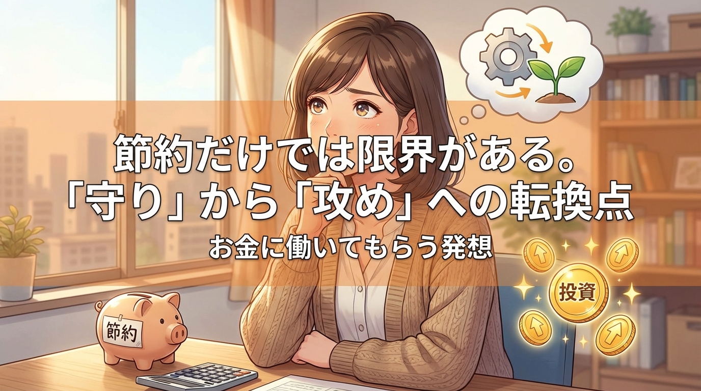 節約から投資への転換点を考える女性と貯金箱と金貨のイラスト