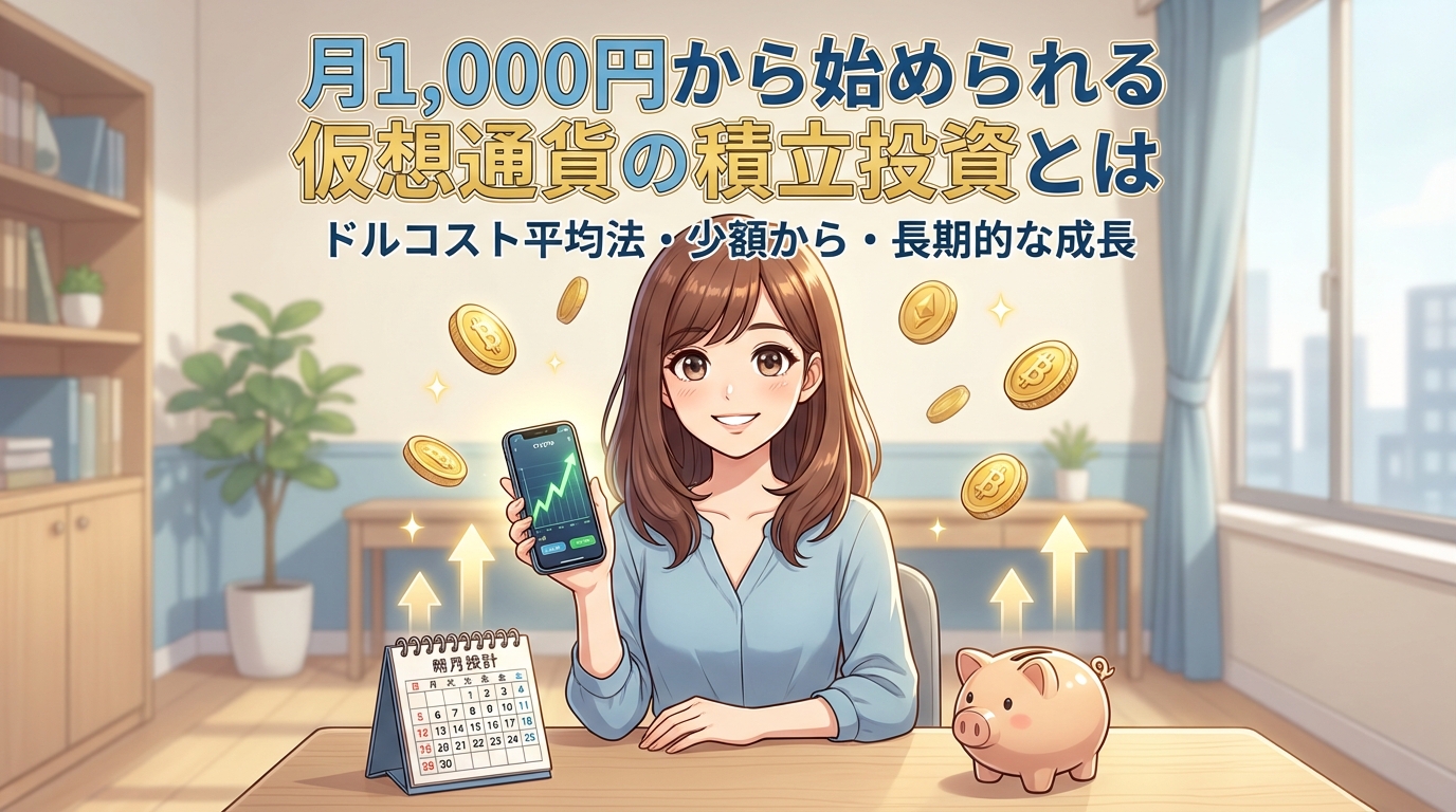 月1000円から始められる仮想通貨の積立投資を説明する画像で、スマートフォンで投資アプリを操作する女性とコインや貯金箱が描かれている
