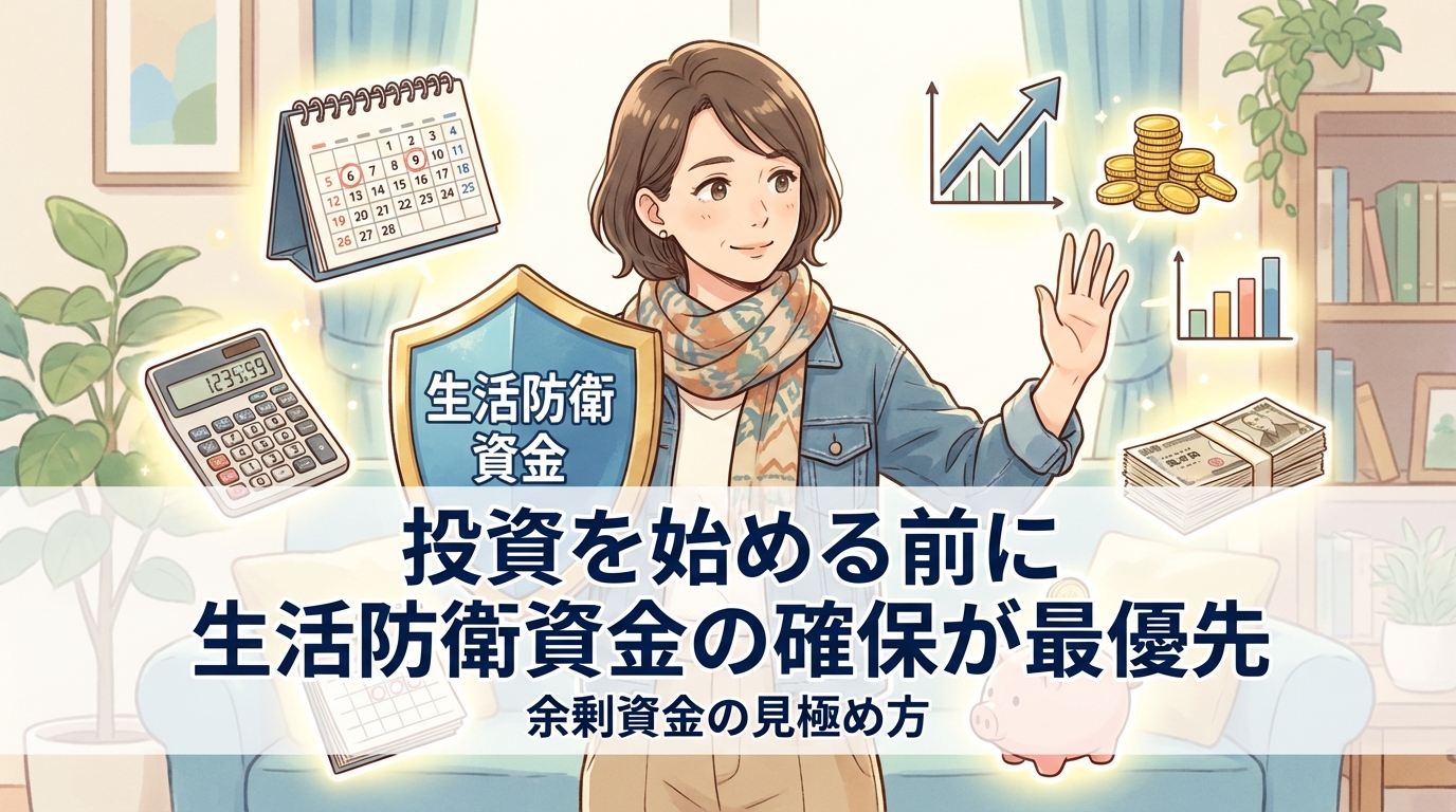 投資を始める前に生活防衛資金の確保が最優先であることを説明する女性と電卓やグラフや貯金箱のイラスト
