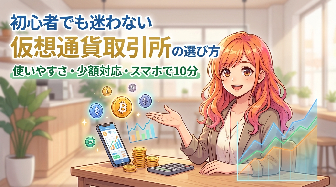 初心者でも迷わない仮想通貨取引所の選び方を解説する女性とスマートフォンやビットコインなどの暗号資産アイコンが表示されたイラスト
