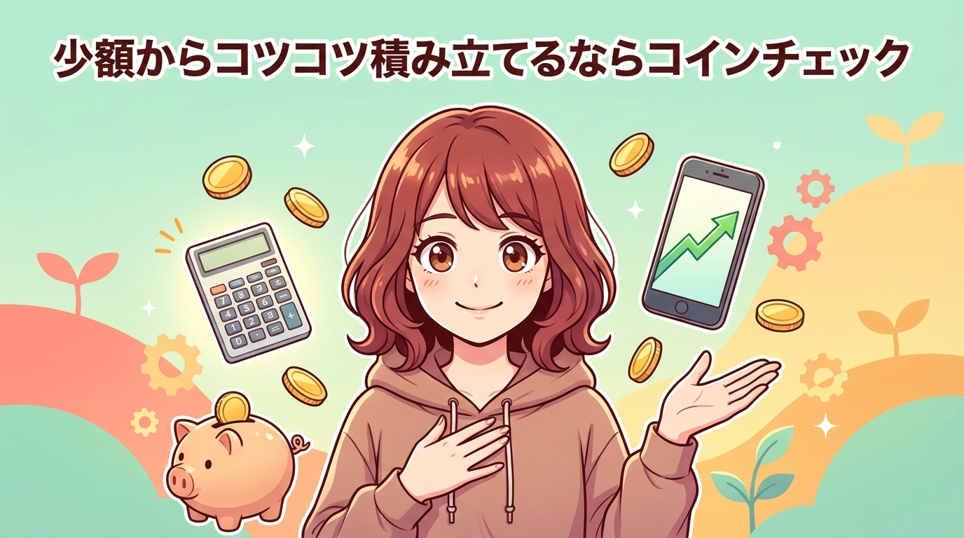 少額からコツコツ積み立てるならコインチェックと書かれた電卓や貯金箱やスマートフォンに囲まれた女性のイラスト