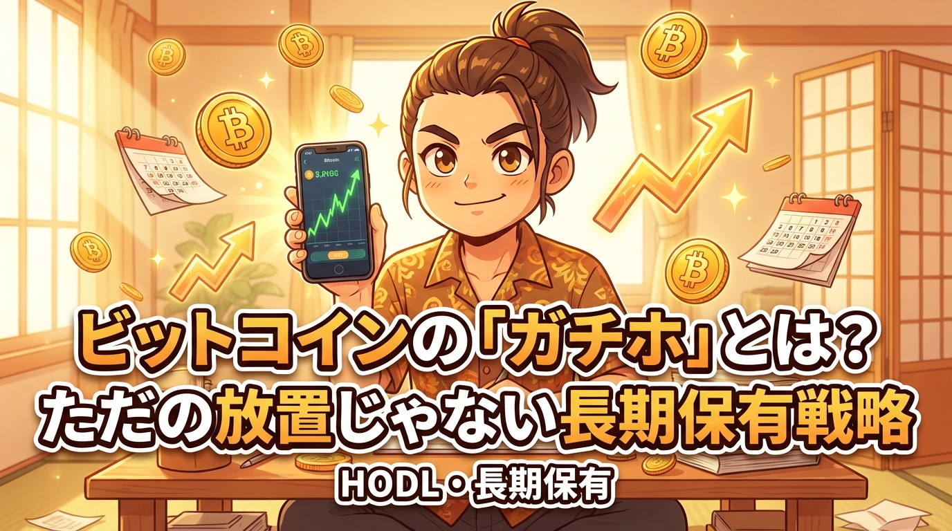 仮想通貨の価格上昇チャートを表示したスマートフォンを持つ若者とビットコイン硬貨や上昇矢印が浮かぶ長期保有戦略の解説画像