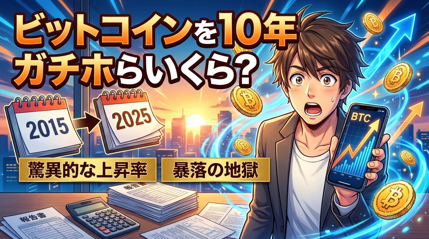 2015年から2025年の10年間でビットコインを保有したらいくらになるか驚く男性と上昇するビットコイン価格を示すスマートフォンの画面