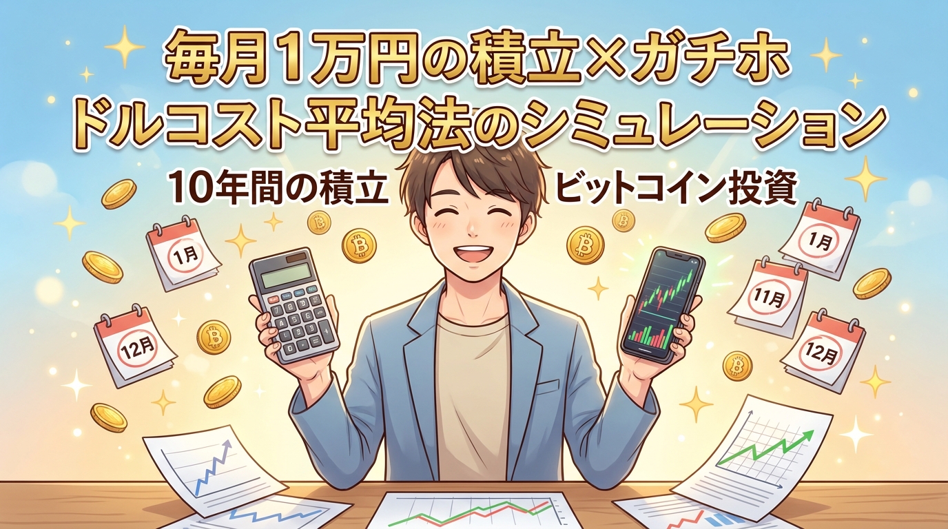 毎月1万円の積立×ガチホドルコスト平均法のシミュレーション10年間の積立ビットコイン投資を説明する電卓とスマホを持つ笑顔の男性とカレンダーや金貨や価格チャートのイラスト