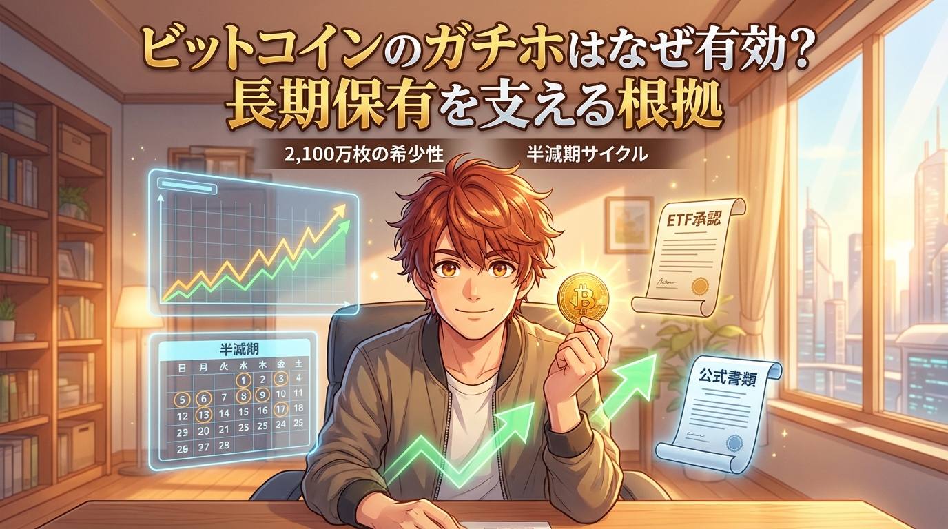 ビットコインを持つ男性と価格上昇グラフ、半減期カレンダー、ETF承認書類、公式書類が描かれた仮想通貨の長期保有を説明する図