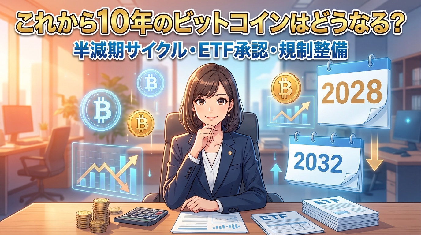 これから10年の仮想通貨はどうなるか半減期や上場投資信託承認や規制整備について考える女性と2028年と2032年のカレンダーと価格変動グラフと仮想通貨マークが表示されたイラスト