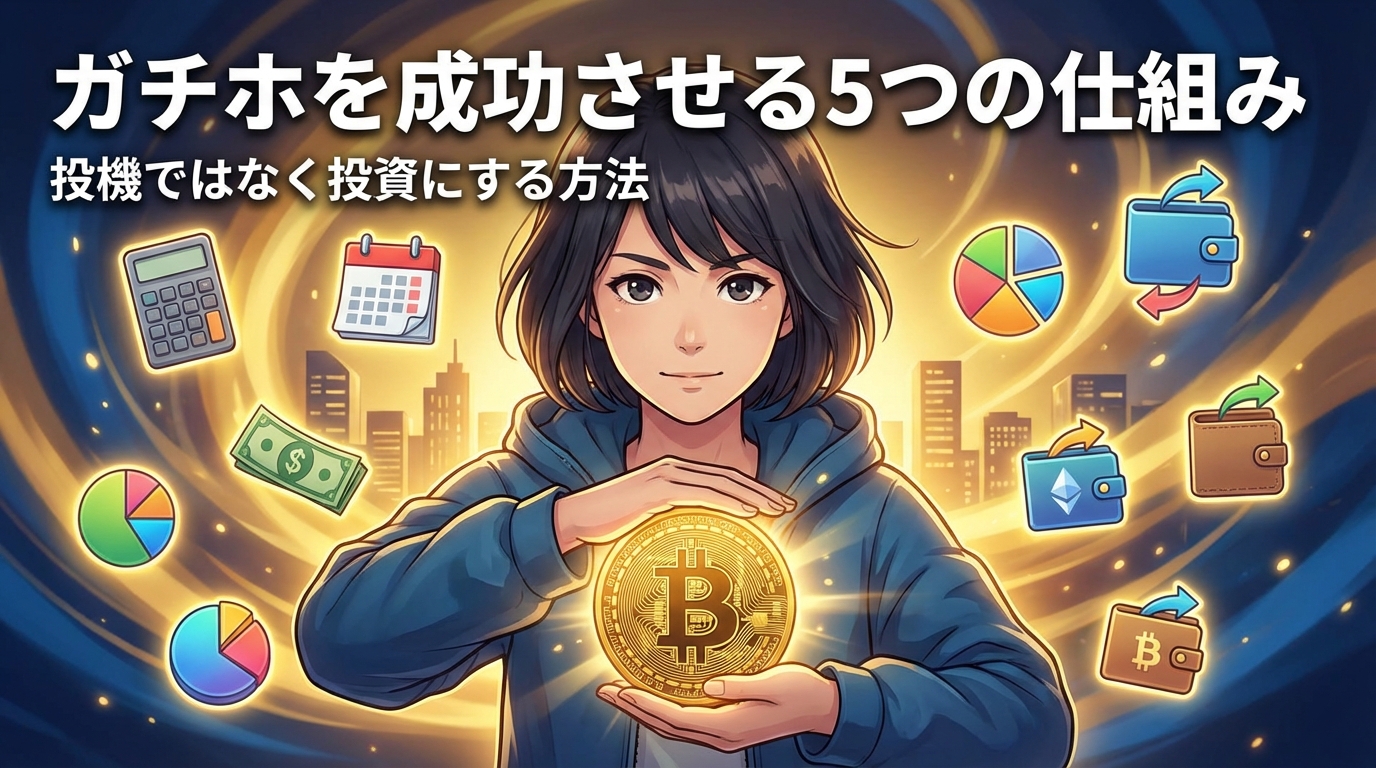 ガチホを成功させる5つの仕組み 投機ではなく投資にする方法というタイトルとビットコインを持つ女性と電卓やカレンダーや円グラフや財布のアイコンが描かれた解説画像