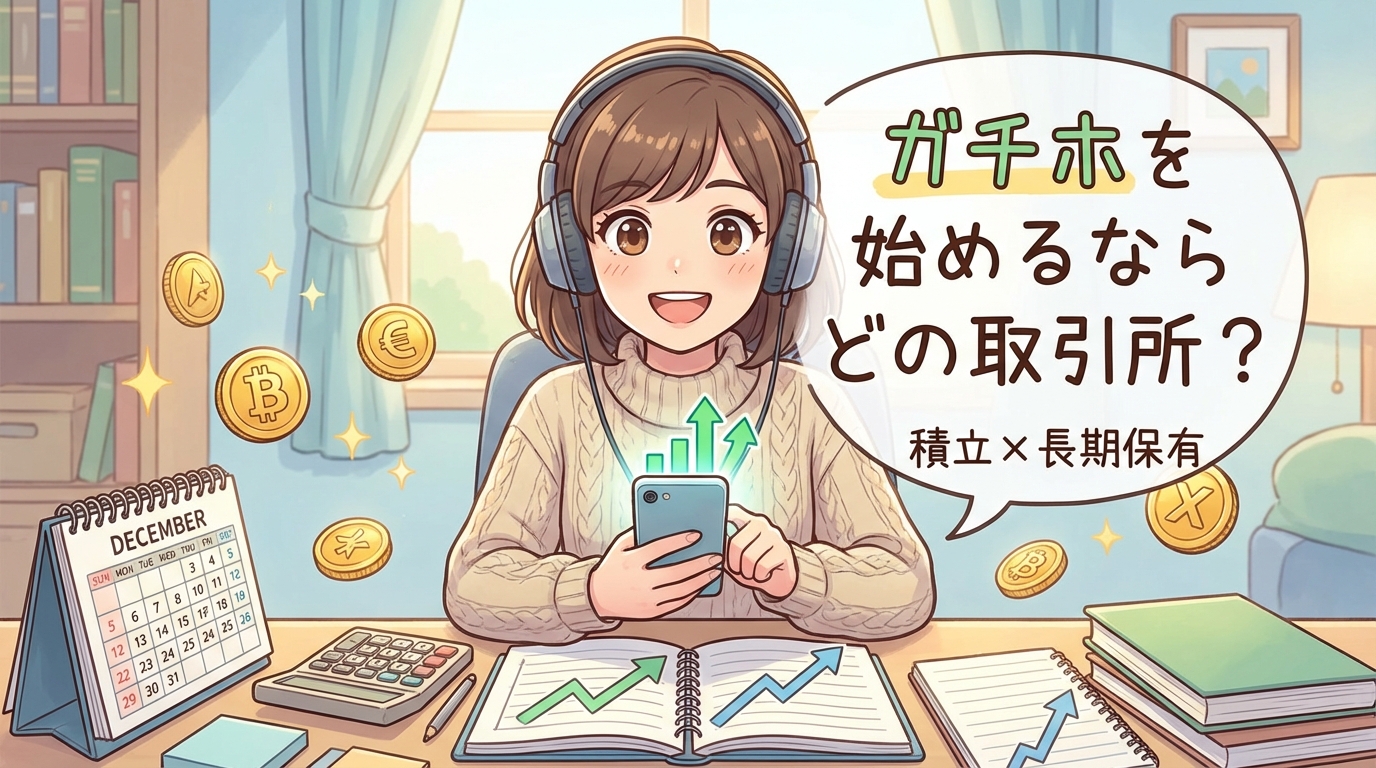 ヘッドホンをつけた女性がスマートフォンを持ちながら仮想通貨の積立と長期保有について考えている様子で机には12月のカレンダーと電卓とグラフ付きのノートが置かれている