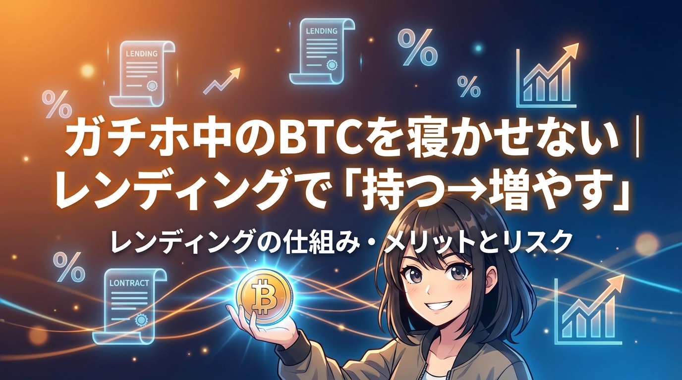 ビットコインを手に持つ女性と貸付契約書や利率記号や上昇グラフが描かれた暗号資産の貸出サービスを説明する画像