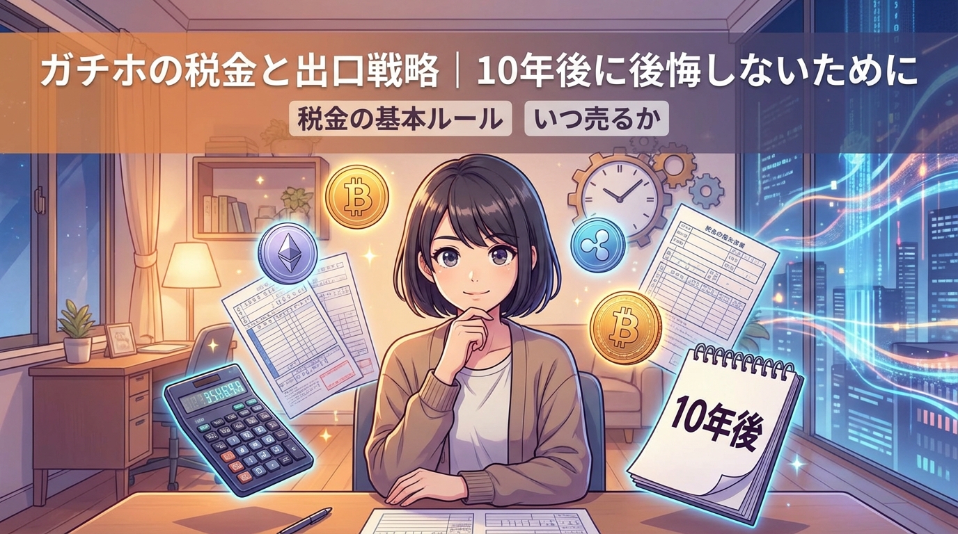 仮想通貨の税金計算と売却時期を考える女性と電卓や確定申告書類とビットコインやイーサリアムのコインが浮かぶイラスト