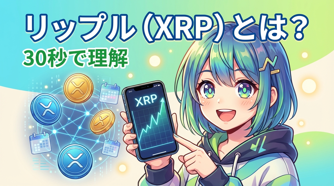 リップルXRPの価格チャートを表示したスマートフォンを持つ青髪の女性と仮想通貨コインやカレンダーのイラスト