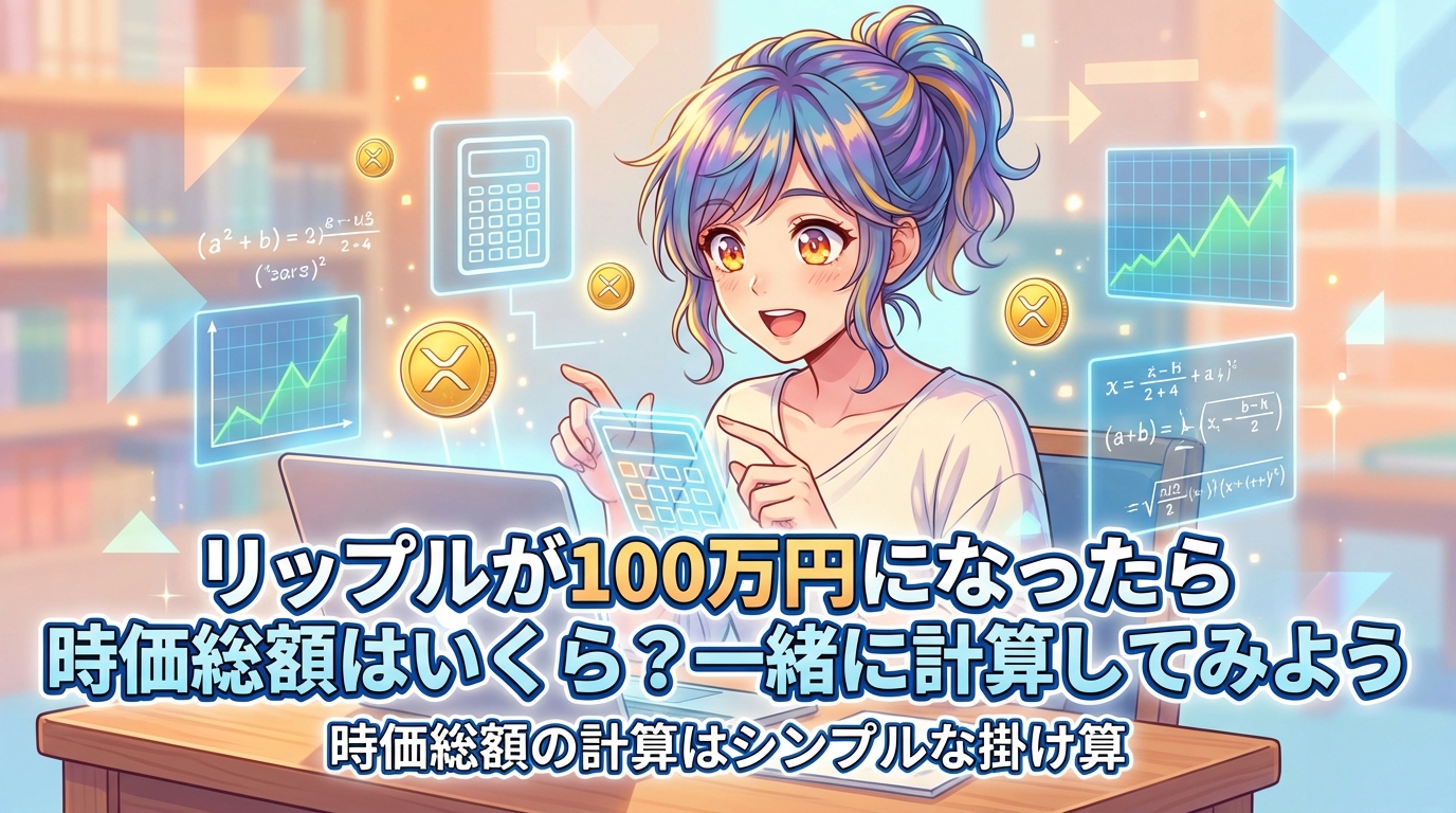 電卓を持ちながらリップルの時価総額を計算する紫色の髪の女性と数式や上昇グラフが表示された画面