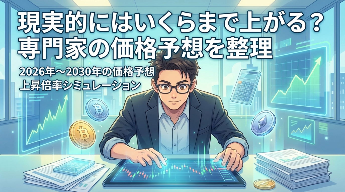 眼鏡をかけたスーツ姿の男性が仮想通貨の価格予想グラフを操作している様子で2026年から2030年の価格上昇見込みを整理した記事の見出し画像