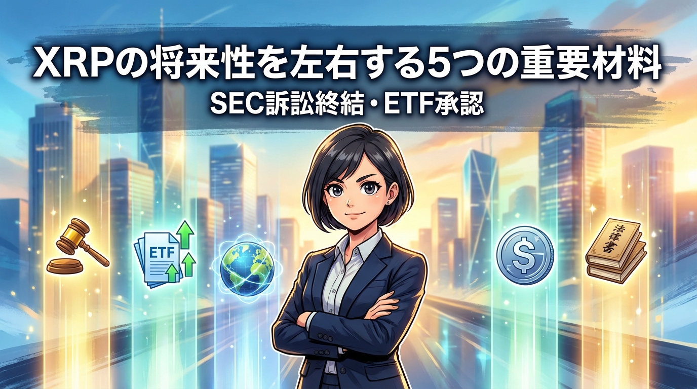 XRPの将来性を左右する5つの重要材料SEC訴訟終結とETF承認について解説する腕組みをしたスーツ姿の女性と裁判所の木槌やETF書類や地球儀やドル記号や法律書のイラスト