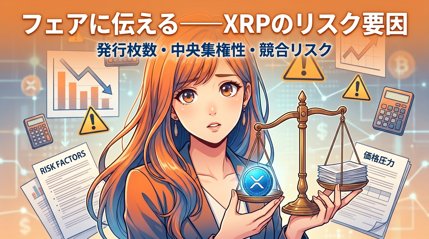 暗号資産XRPのリスク要因を説明する図解で発行枚数や中央集権性や競合リスクについて天秤とグラフと注意標識を持つ女性が解説している様子