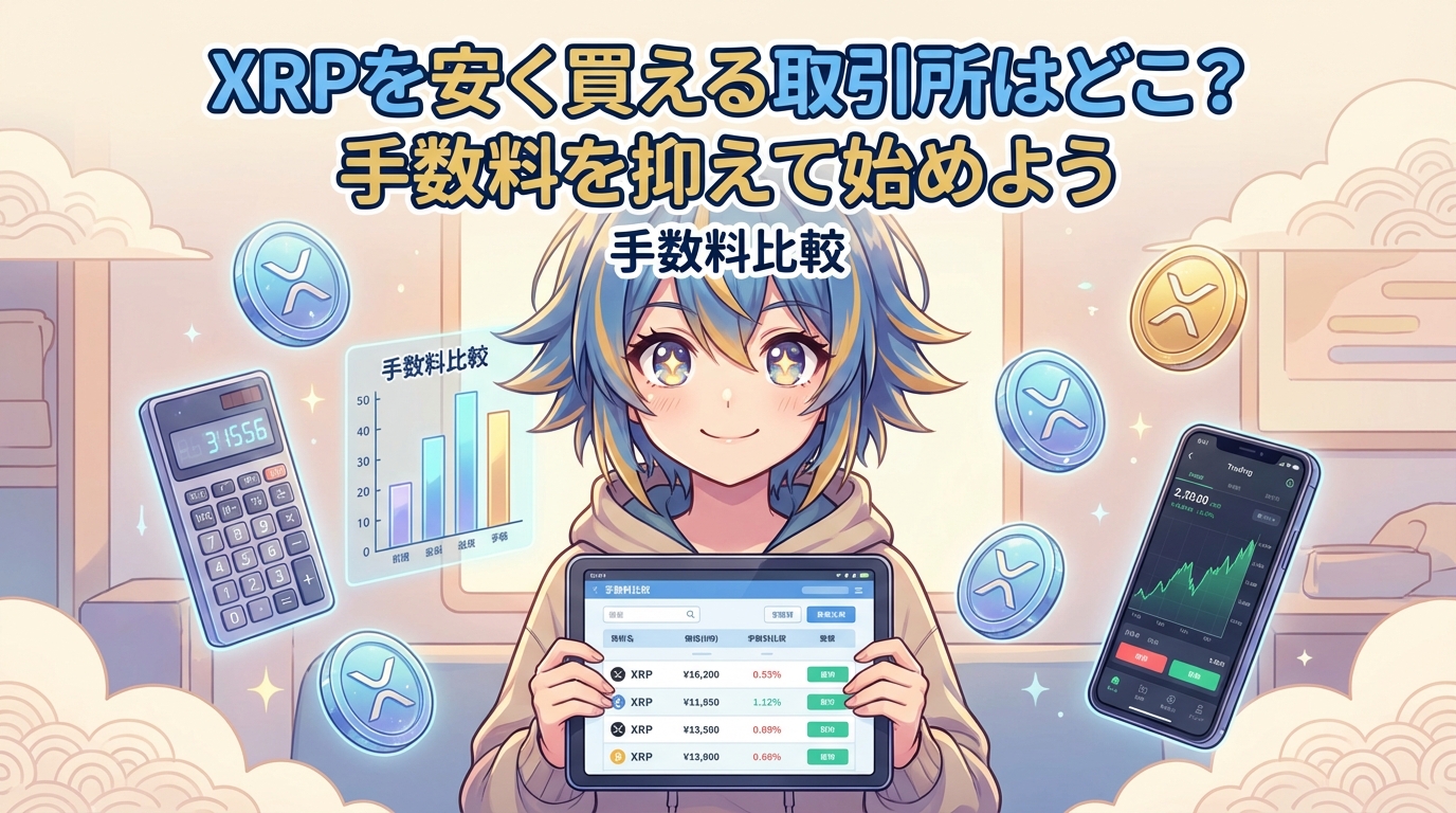 XRPを安く買える取引所の手数料比較を説明するタブレットを持つキャラクターと電卓やスマートフォンの価格チャート画面