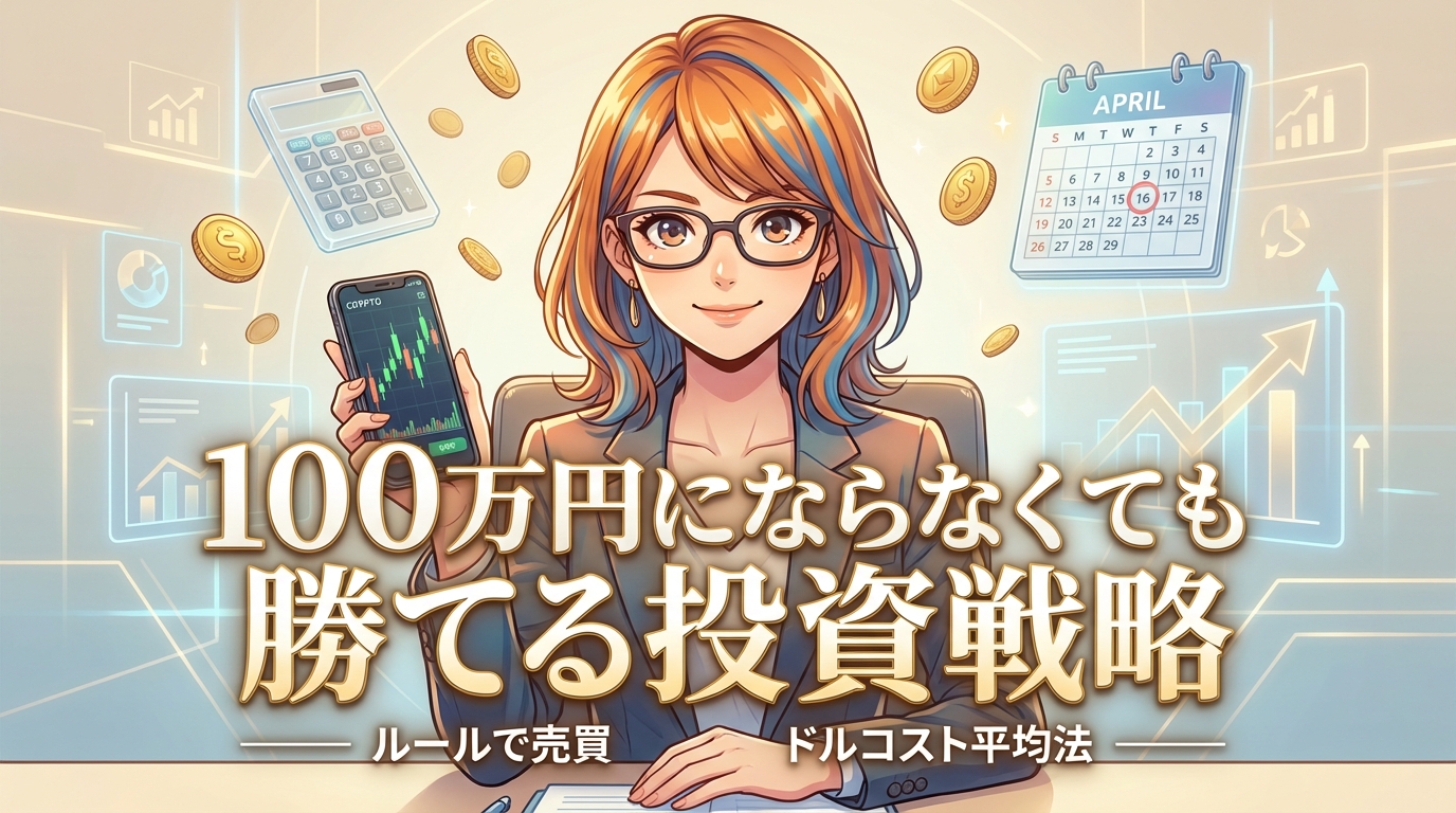 眼鏡をかけた女性が仮想通貨の値動きグラフを表示したスマートフォンを持ち、電卓やカレンダー、金貨が周囲に浮かぶ少額投資の解説画像