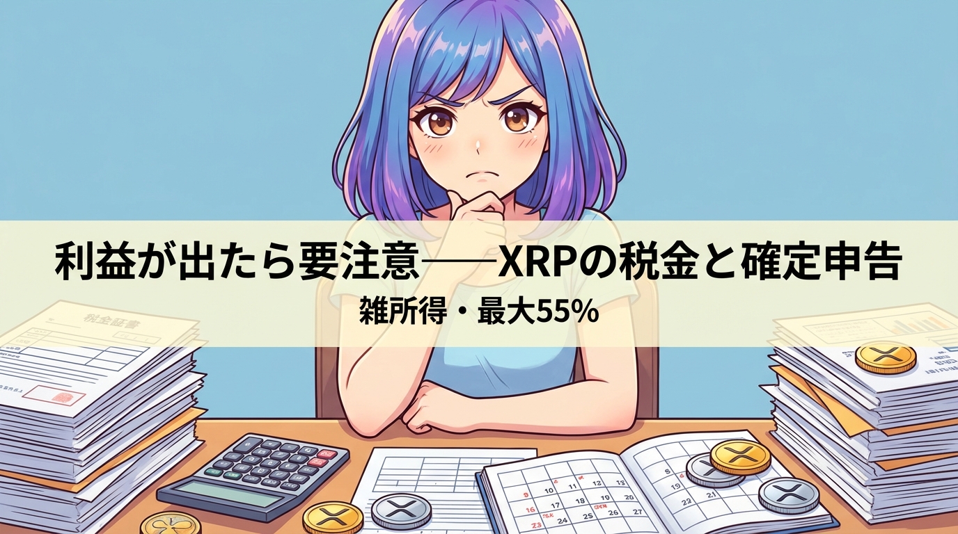 紫髪の女性が机の前で困った表情をしている様子で、利益が出たら要注意XRPの税金と確定申告、雑所得・最大55%というテキストが表示され、周囲には書類や電卓、仮想通貨のコインが置かれている
