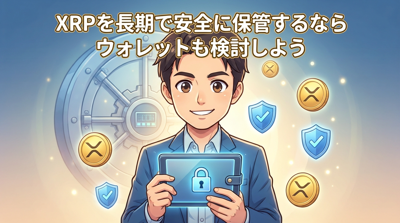 XRPを長期で安全に保管するなら財布も検討しようと書かれた暗号資産の保管方法を説明する画像で青いスーツの男性がタブレット端末を持ち金庫や鍵マークや盾マークやXRPコインが描かれている
