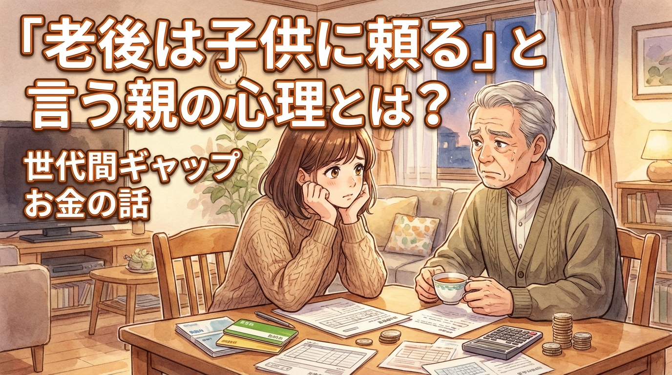 老後は子供に頼ると言う親の心理とはというテキストが入った若い女性と高齢男性がリビングのテーブルで書類や電卓を前に話し合うイラスト