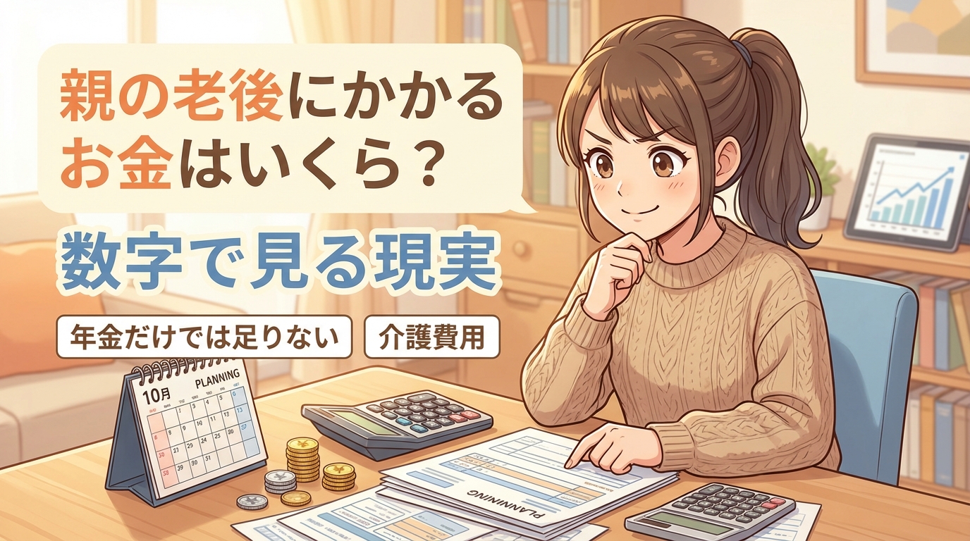 親の老後資金を電卓と資料を使って計算する女性のイラストで年金だけでは足りない介護費用について数字で見る現実を説明