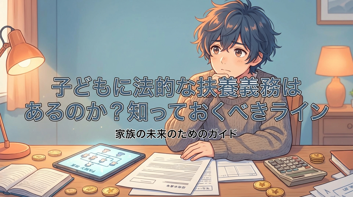 子どもに法的な扶養義務があるのか知っておくべきラインと家族の未来のための手引きと書かれた机の上で書類や電卓と硬貨を前に考える青髪の若者のイラスト