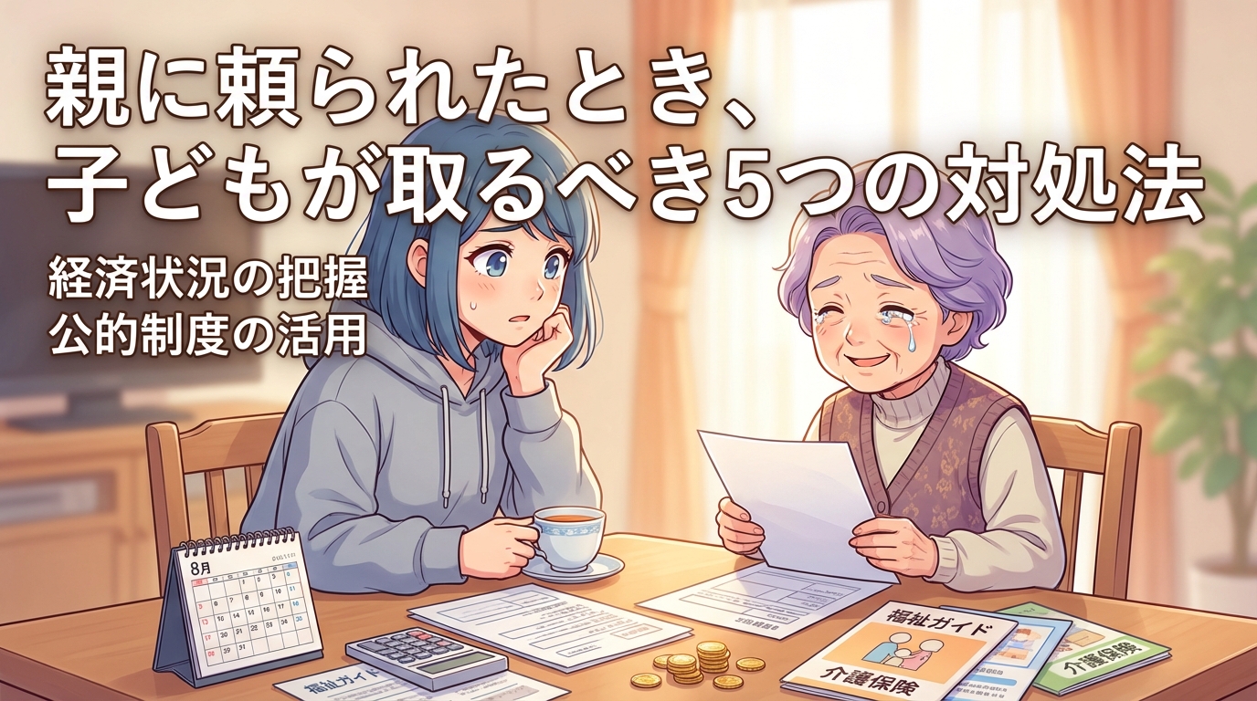 親に頼られたとき子どもが取るべき5つの対処法を説明する記事のイメージ画像で青い髪の若い女性と紫の髪の高齢女性がテーブルで書類や電卓を見ながら相談している様子
