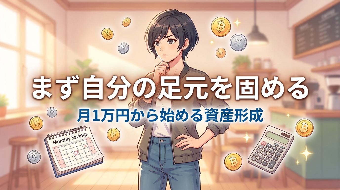 月1万円から始める資産形成を考える女性とビットコインや円などの通貨記号と貯金帳と電卓のイラスト