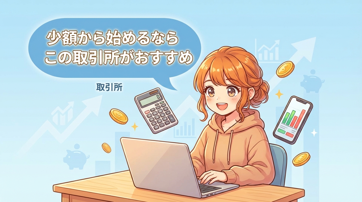 少額から始められるおすすめの取引所を紹介する女性がパソコンで投資をしているイラスト