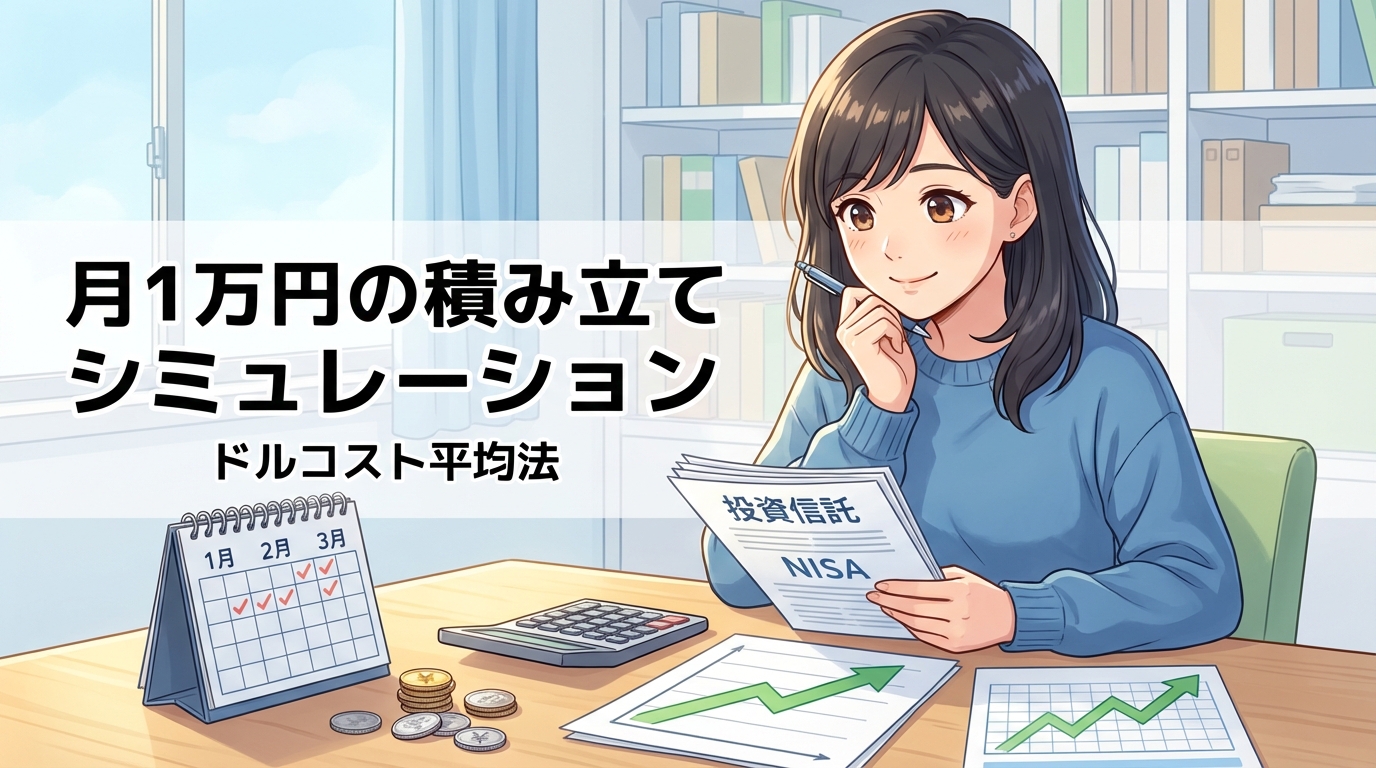月1万円の積み立てで資産運用の計画を立てる女性が投資信託とNISAの資料を確認している様子