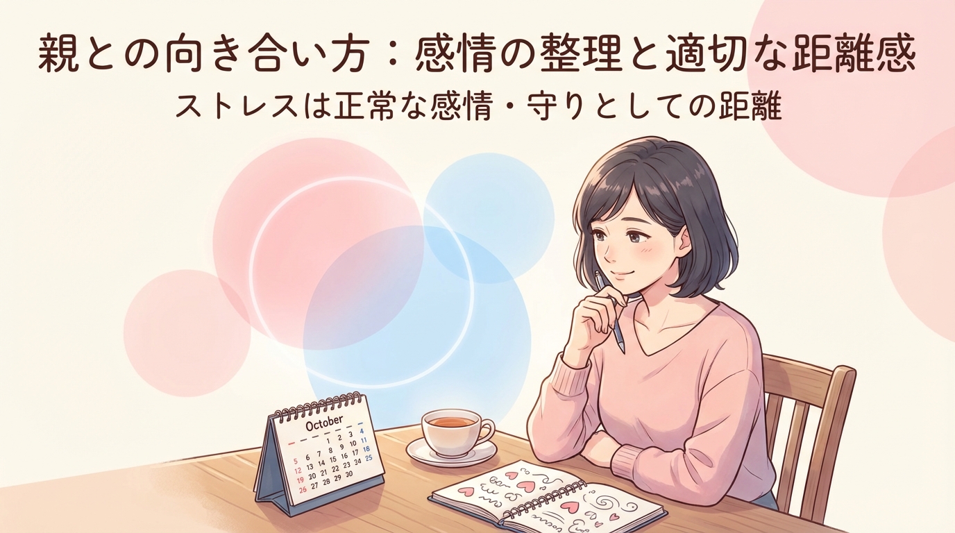 親との向き合い方について考える女性が机で紅茶を飲みながらノートに感情を整理している様子を描いたイラスト