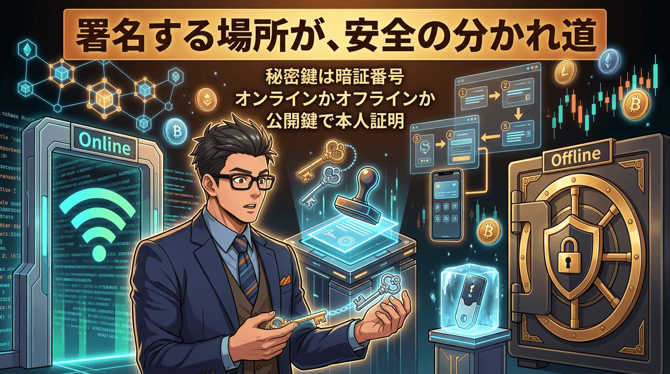 暗号資産の署名方法を説明する図で眼鏡をかけたスーツ姿の男性が鍵を持ちながらインターネット上の署名とオフラインの署名の違いを示している