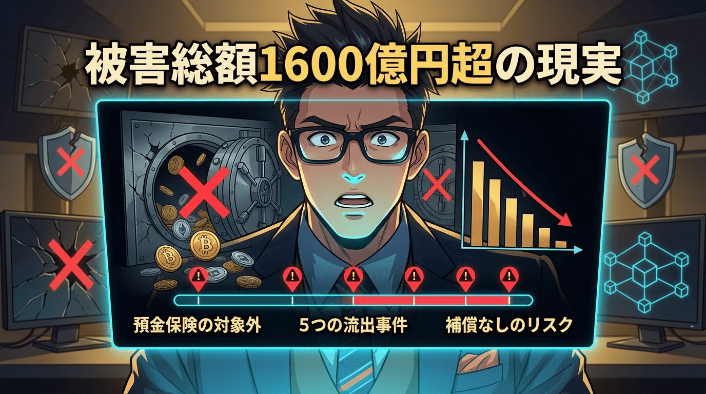 被害総額1600億円超の暗号資産流出事件を説明する図で、眼鏡をかけた男性の背景に金庫から流出するビットコインと下落チャート、預金保険の対象外・5つの流出事件・補償なしのリスクの警告表示がある様子
