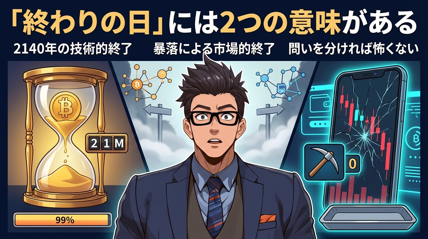 仮想通貨の終わりの日には2つの意味があることを示す図解で、左に2140年の技術的終了を表す砂時計とビットコイン、中央に眼鏡をかけた男性、右に暴落による市場的終了を表すスマートフォンの値動きグラフが描かれている