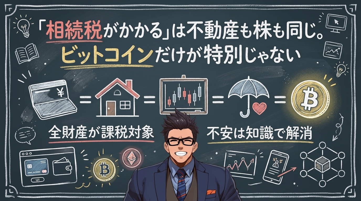 「相続税がかかる」は不動産も株も同じ。ビットコインだけが特別じゃないを解説するイラスト|ビットコイン 相続税