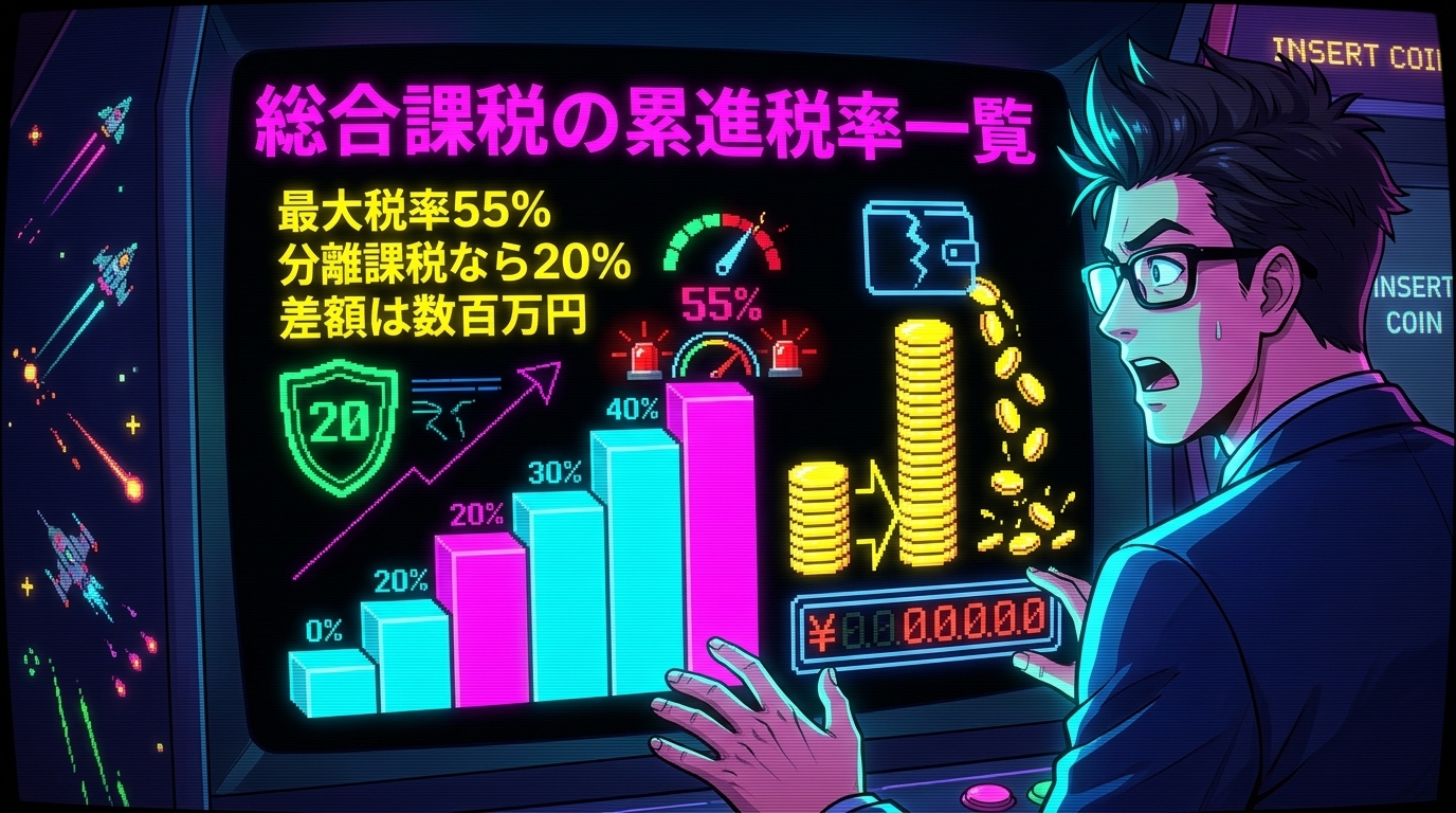稼ぐほど半分消える!?累進課税の恐怖について最大税率55%や分離課税なら20%や差額は数百万円などの要素を描いたイラスト