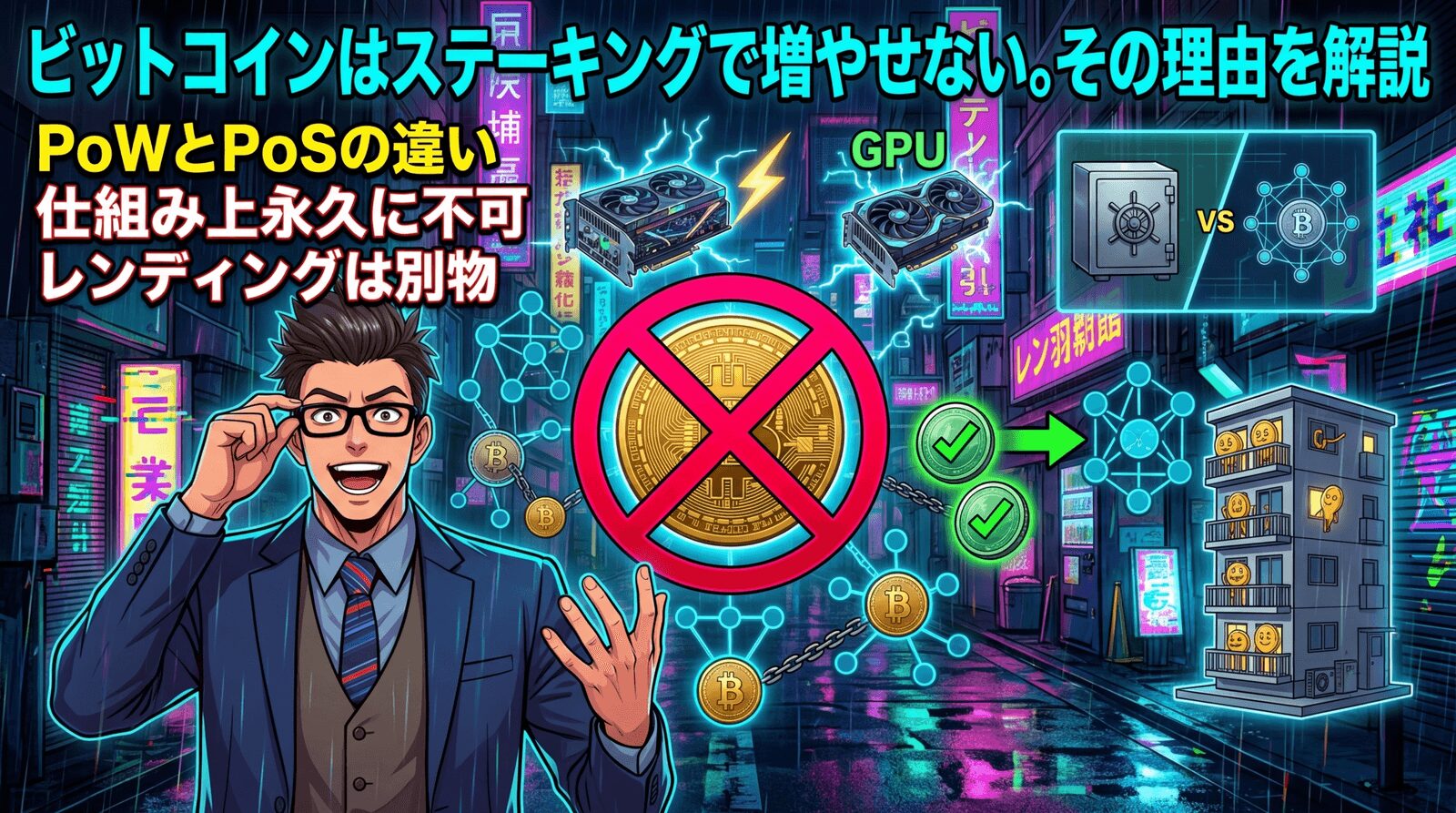 預けても増えない、それがビットコインについてPoWとPoSの違いや仕組み上永久に不可やレンディングは別物などの要素を描いたイラスト