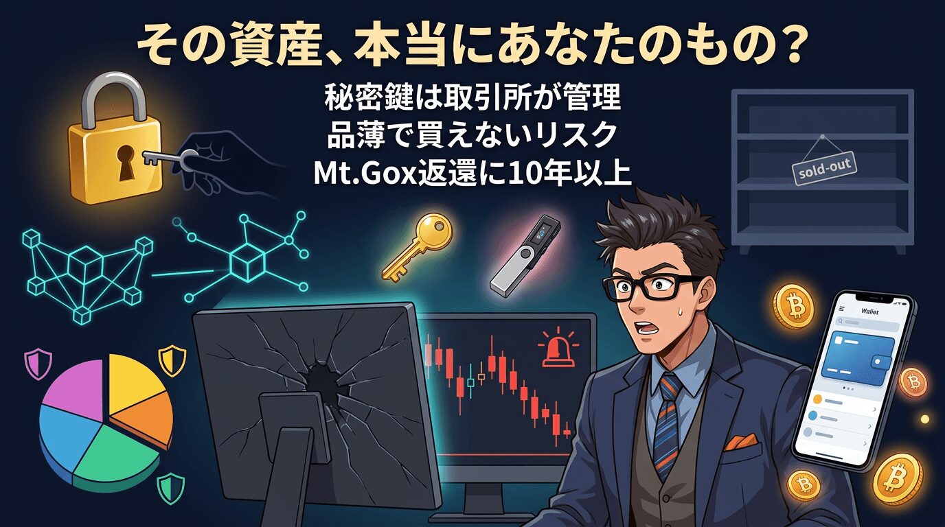 暗号資産取引所の秘密鍵管理とマウントゴックス事件のリスクを警告する画像で、心配そうな男性と鍵やビットコイン、価格チャート、空の棚が描かれている