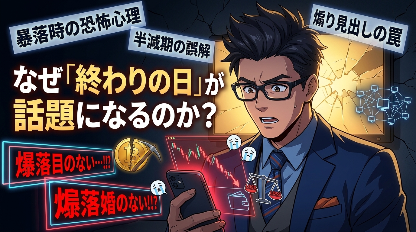 眼鏡をかけたスーツ姿の男性が暗号資産の価格下落チャートをスマートフォンで確認し焦る様子と終わりの日が話題になる理由を解説する動画のサムネイル画像