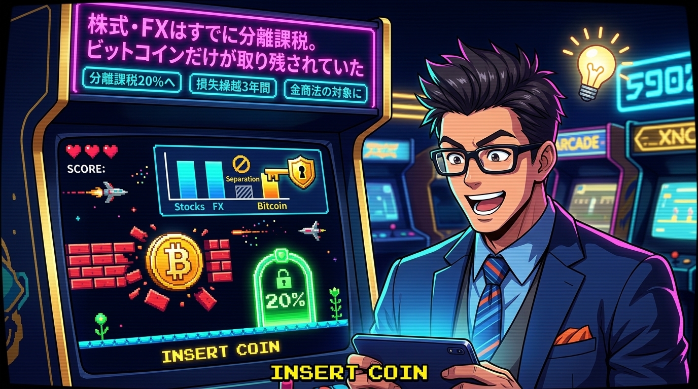 ビットコインだけ最大55%だった理由について分離課税20%へや損失繰越3年間や金商法の対象になどの要素を描いたイラスト