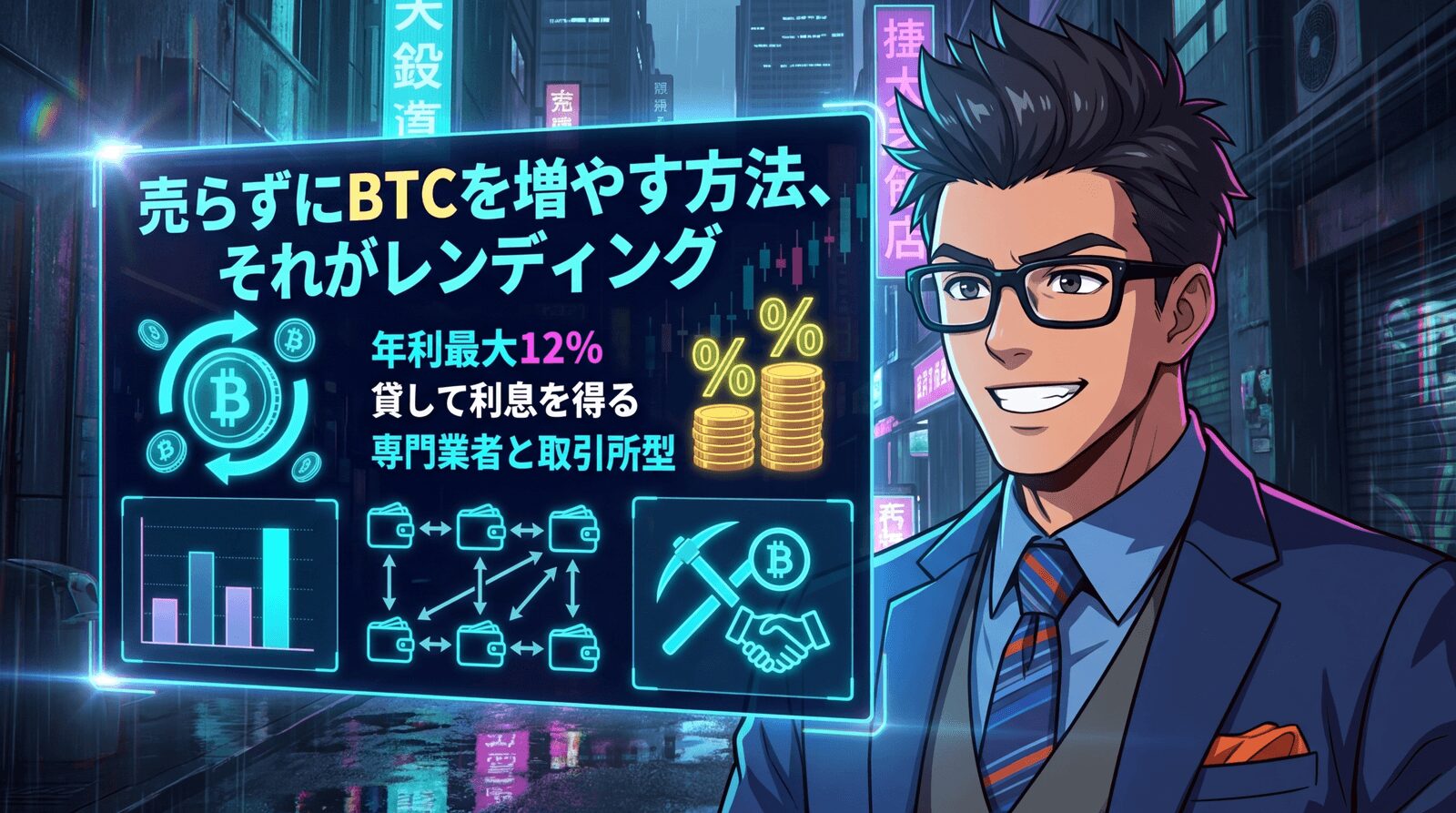売らずに増える、その仕組み知ってた?について年利最大12%や貸して利息を得るや専門業者と取引所型などの要素を描いたイラスト