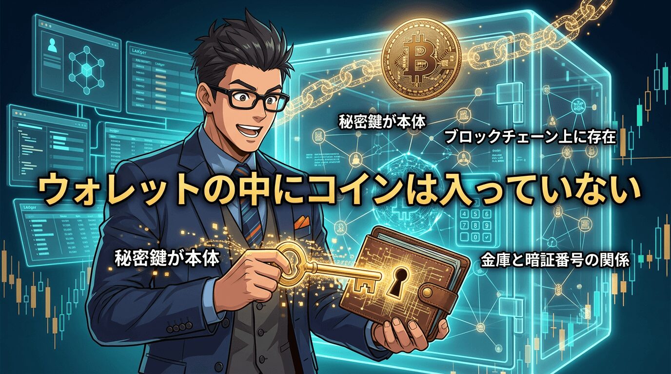 眼鏡をかけたスーツ姿の男性が金色の鍵と財布を持ち、背景にビットコインと分散台帳技術の図解が表示され、財布の中にコインは入っていないことを説明する図