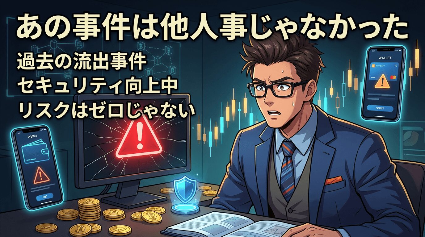 眼鏡をかけたスーツ姿の男性が暗号資産の安全性に関する警告画面を見て焦っている様子と過去の流出事件やセキュリティ対策の重要性を伝える文字が表示されたイラスト