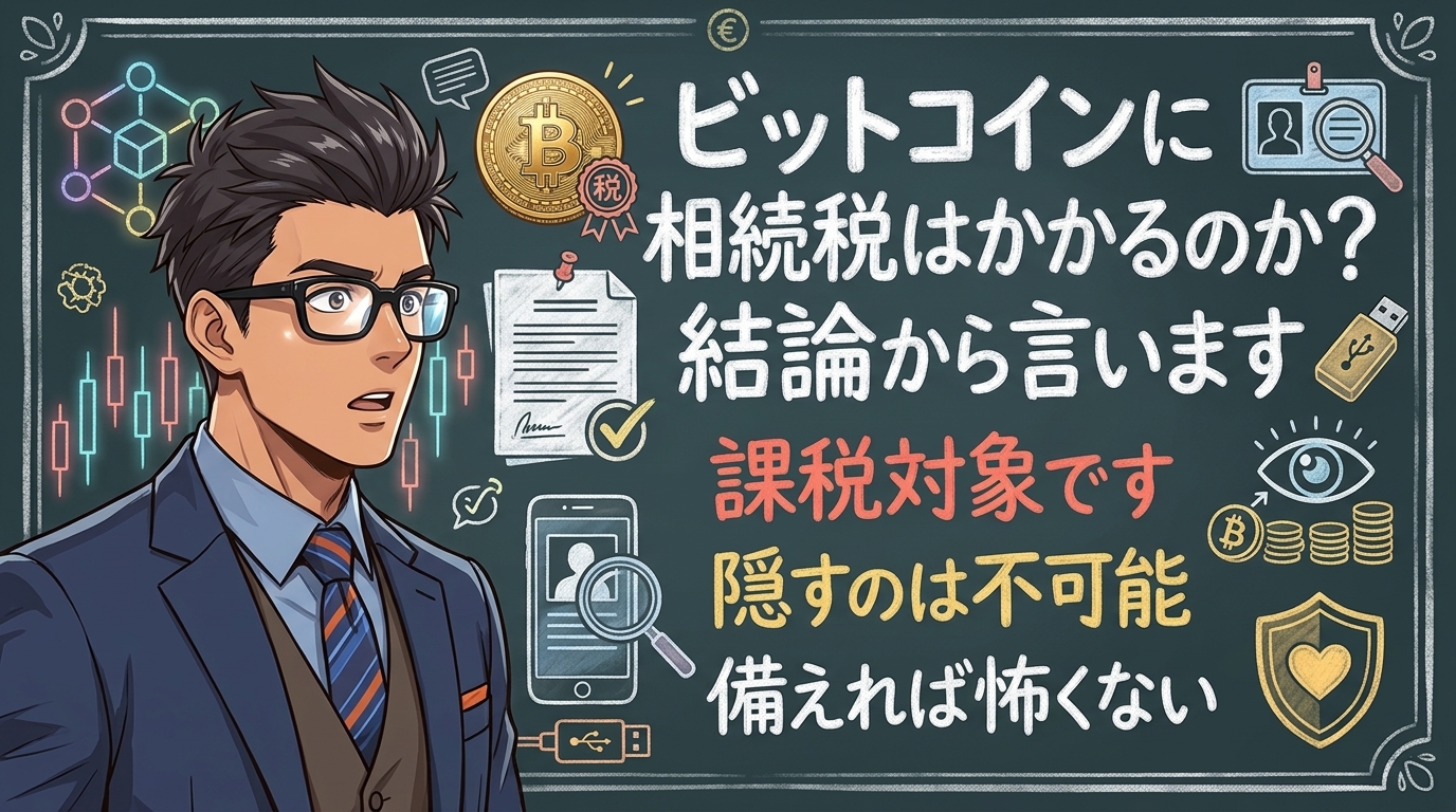 ビットコインに相続税はかかるのか?結論から言いますを解説するイラスト|ビットコイン 相続税