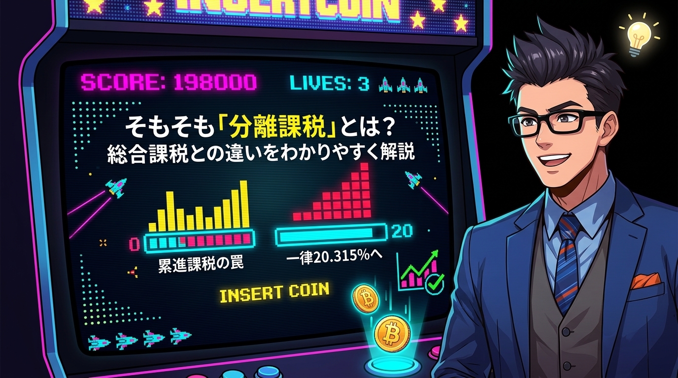 最大55%が一律20%に!これは革命だについて累進課税の罠や一律20.315%へや株式と同じ扱いなどの要素を描いたイラスト